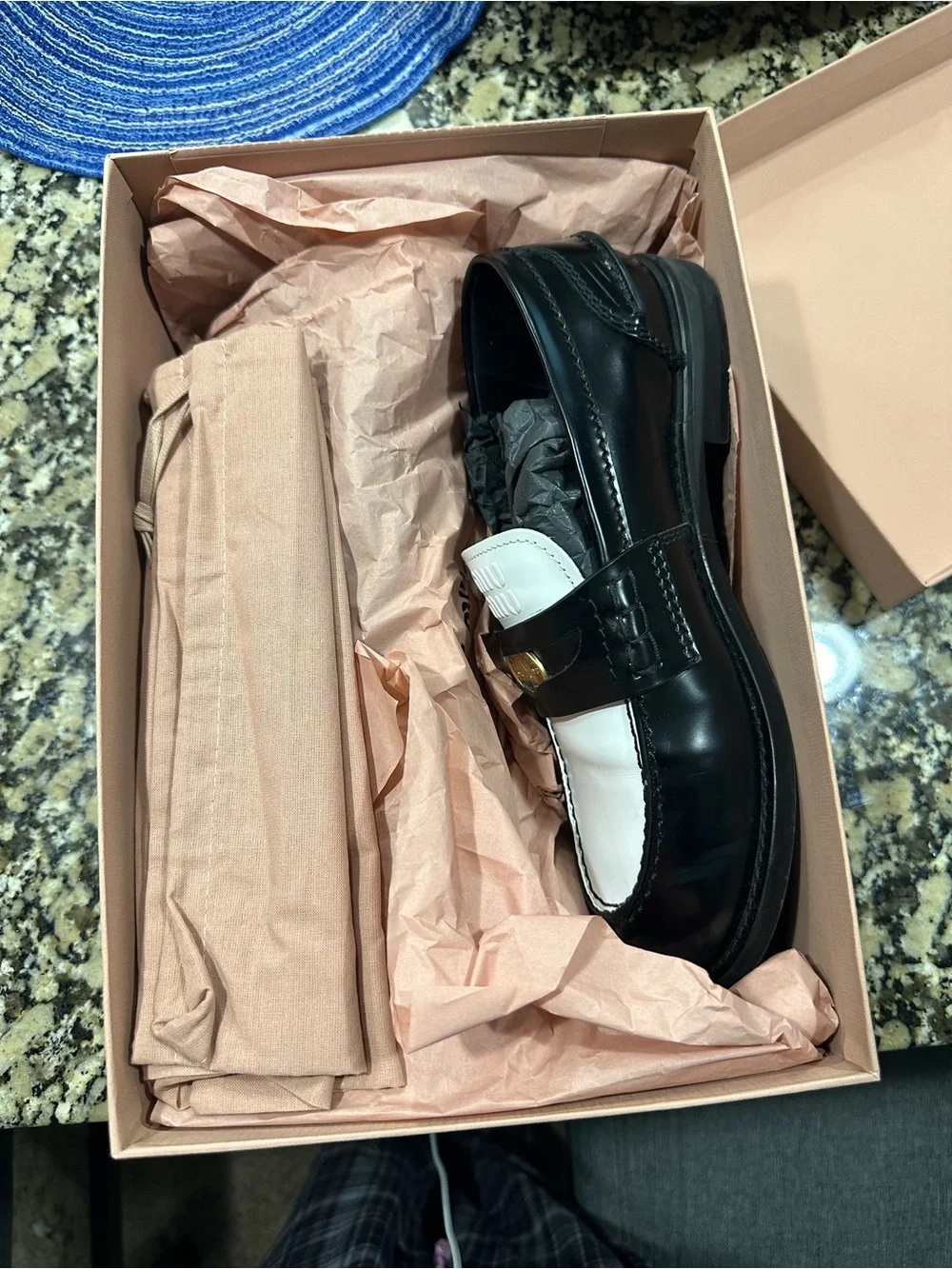 Miu Miu Black and White Leather Loafers